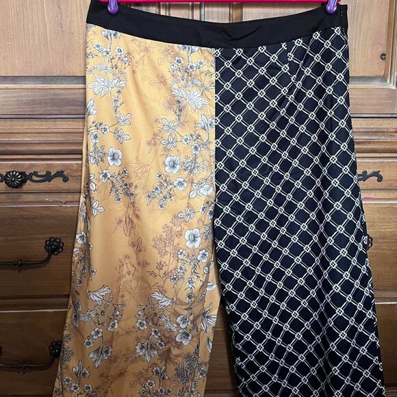 Mod x Women's Wide Leg Color Block Pants w Yellow Floral & Black Pattern - Picture 1 of 4